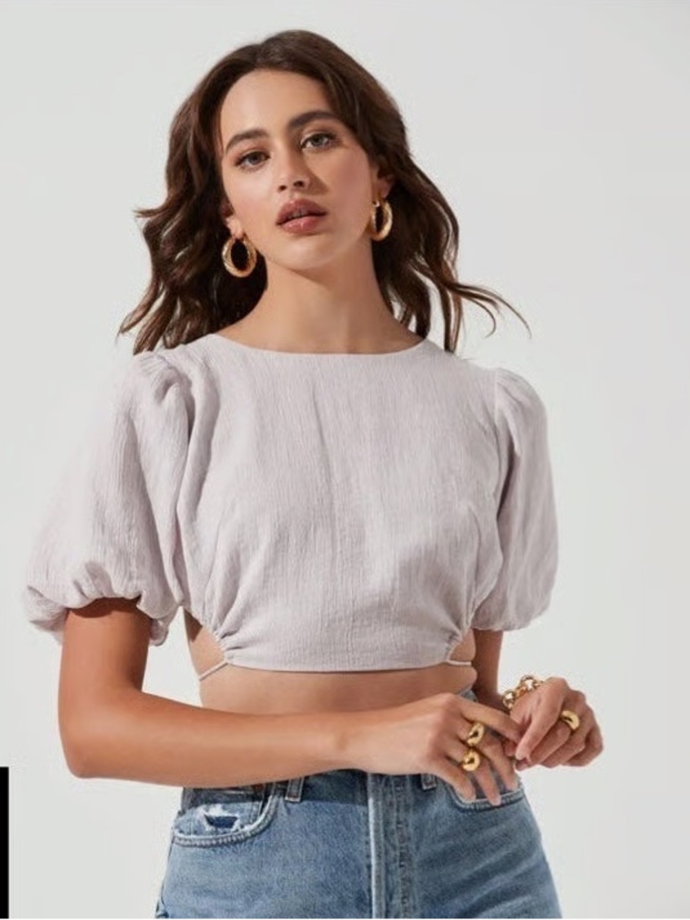 ASTR Beige Linen Blend Puff-Sleeve Crop Top